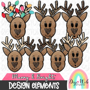 Design Elements - Merry & Bright Reindeer Heads Hand Drawn Clip Art Bundle
