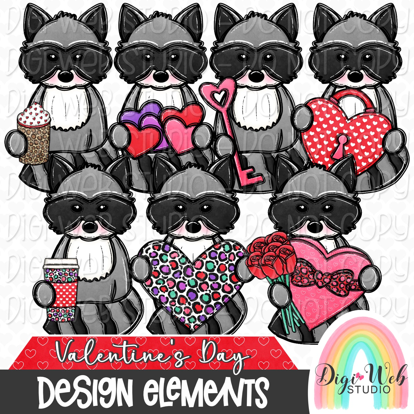 Design Elements - Valentine's Day Raccoons Hand Drawn Clip Art Bundle