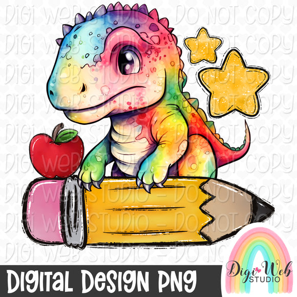 Dino With A Pencil & Apple 2 - Digital Design PNG