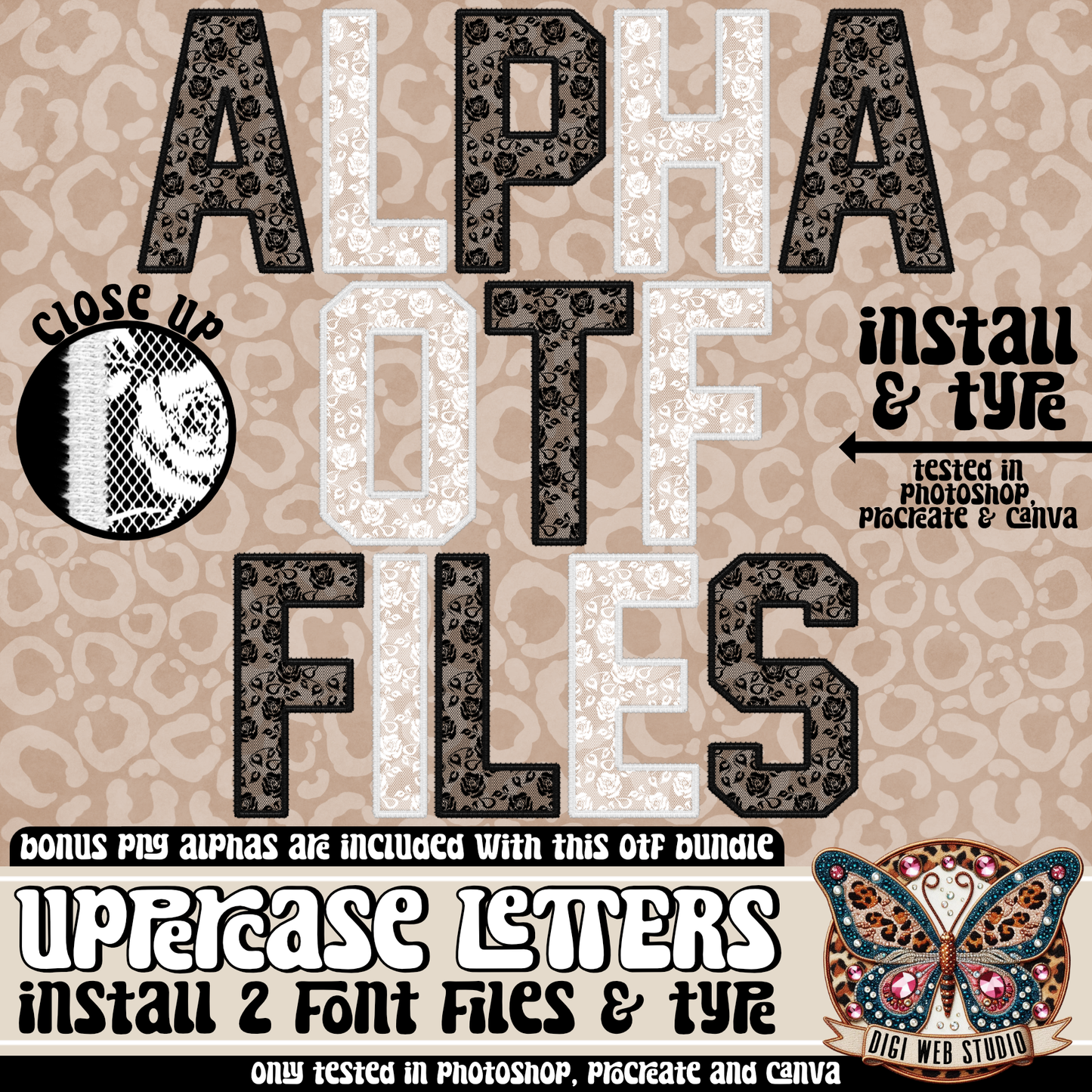 Design Elements - Faux Embroidery Rose Lace Alpha OTF Files (2 Fonts)