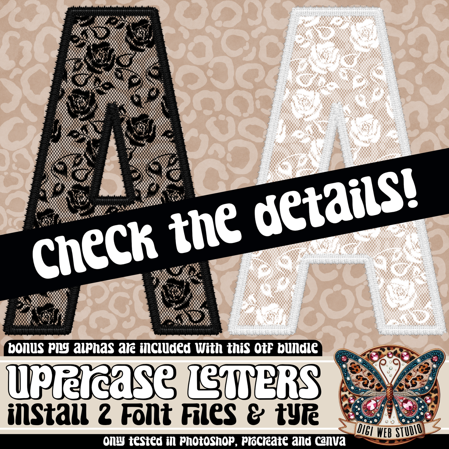 Design Elements - Faux Embroidery Rose Lace Alpha OTF Files (2 Fonts)