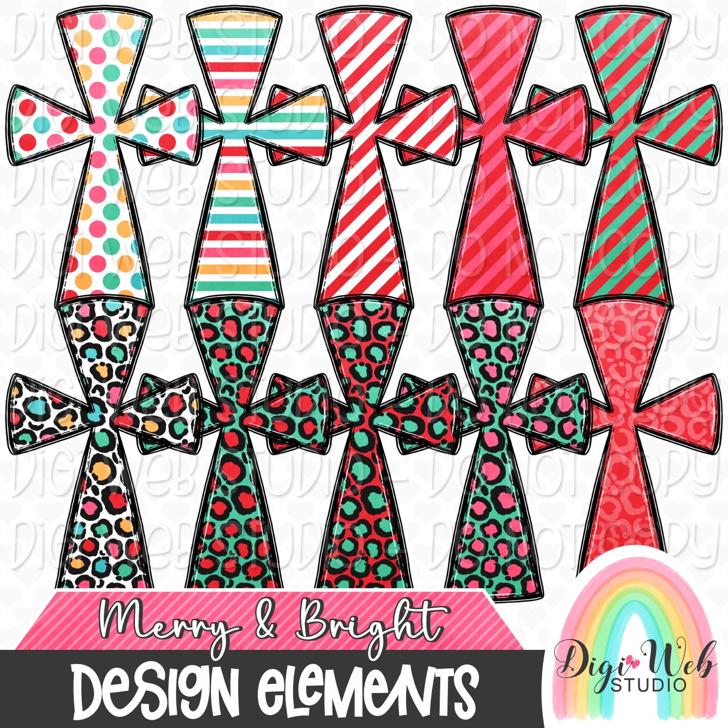 Design Elements - Merry & Bright Christmas Crosses 1 Hand Drawn Clip Art Bundle