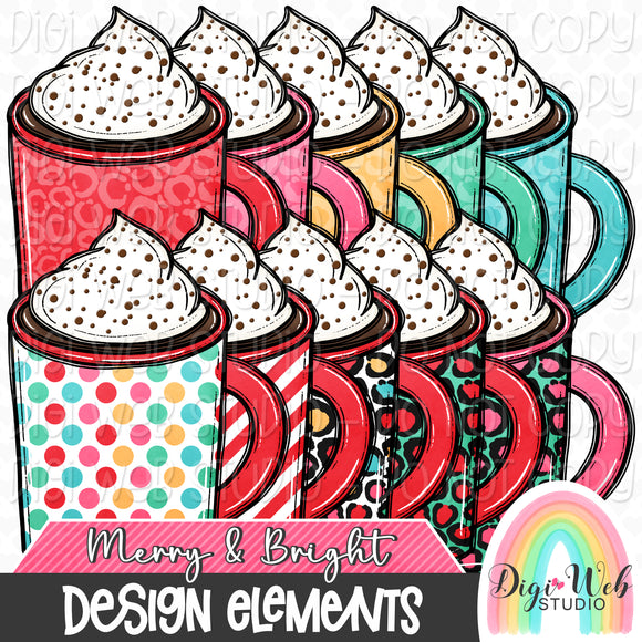 Design Elements - Merry & Bright Christmas Hot Cocoa 1 Hand Drawn Clip Art Bundle