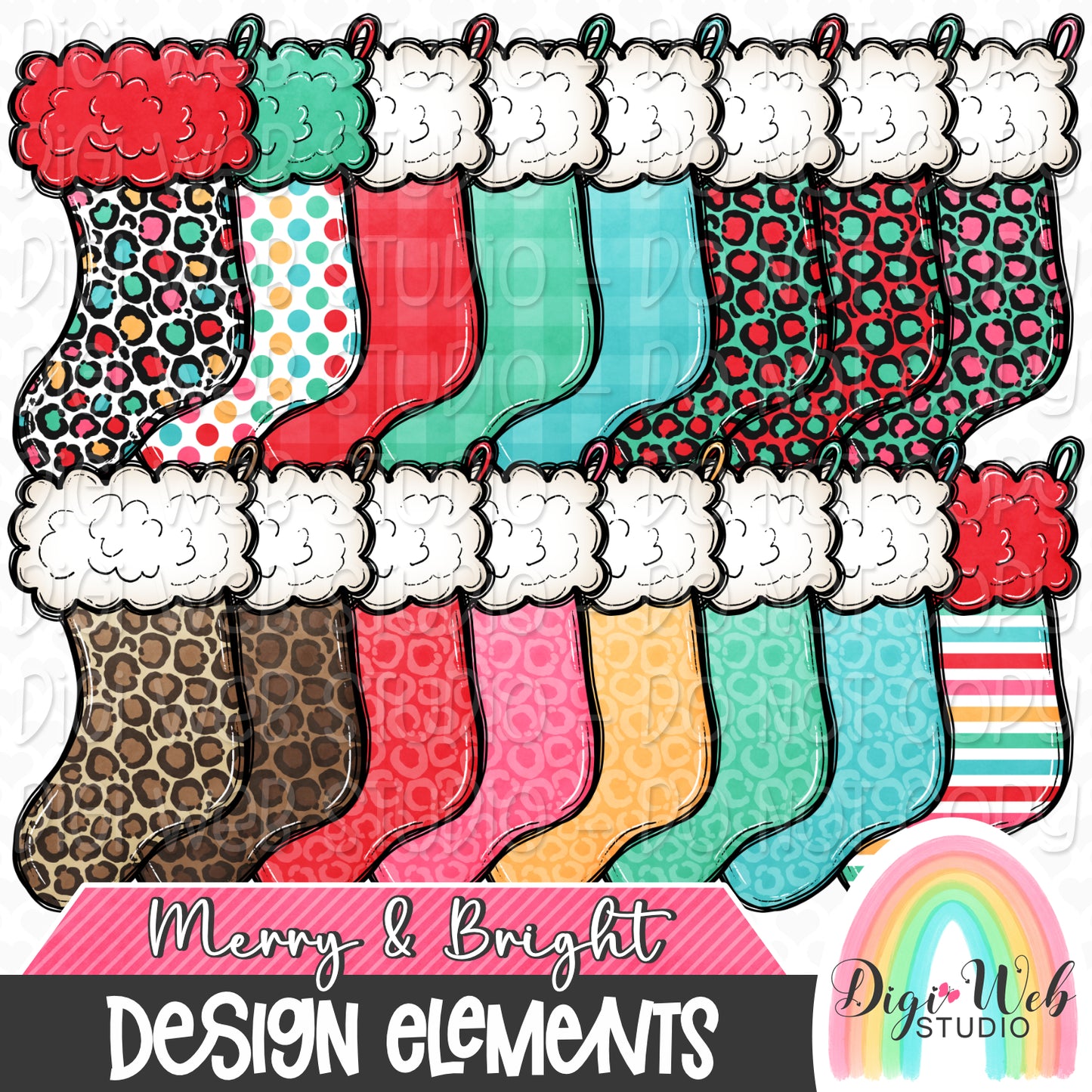 Design Elements - Merry & Bright Christmas Stockings Hand Drawn Clip Art Bundle