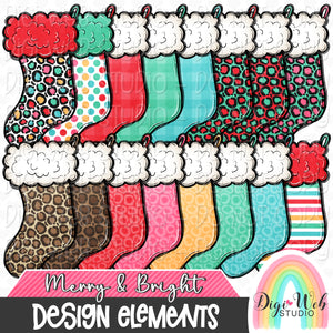 Design Elements - Merry & Bright Christmas Stockings Hand Drawn Clip Art Bundle