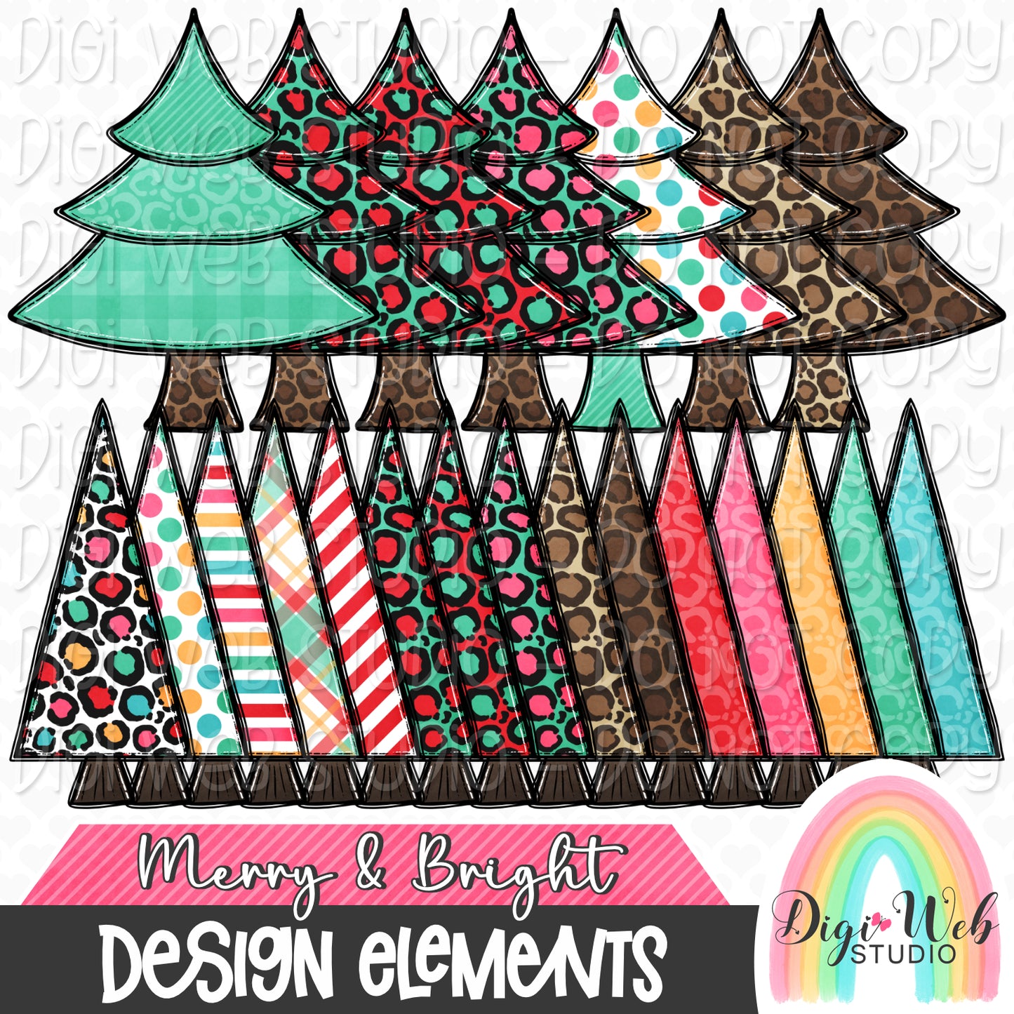 Design Elements - Merry & Bright Christmas Trees Hand Drawn Clip Art Bundle