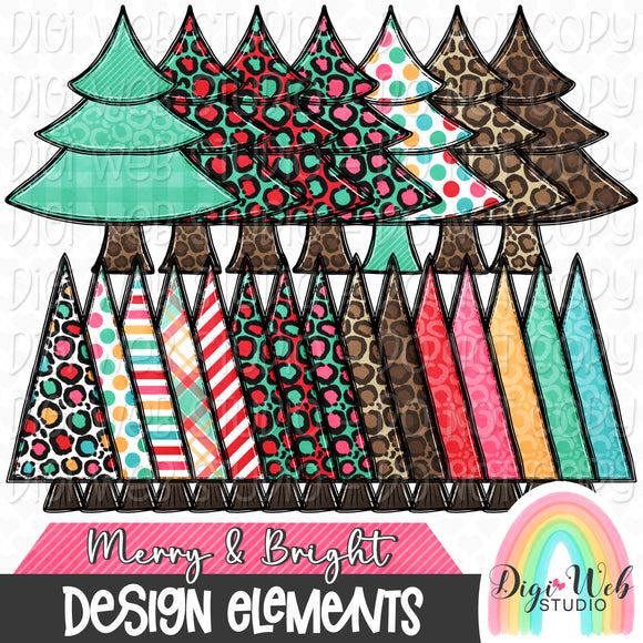 Design Elements - Merry & Bright Christmas Trees Hand Drawn Clip Art Bundle