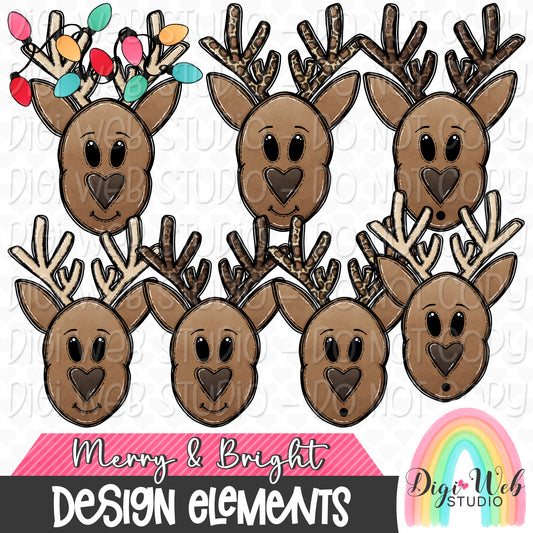 Design Elements - Merry & Bright Reindeer Heads Hand Drawn Clip Art Bundle