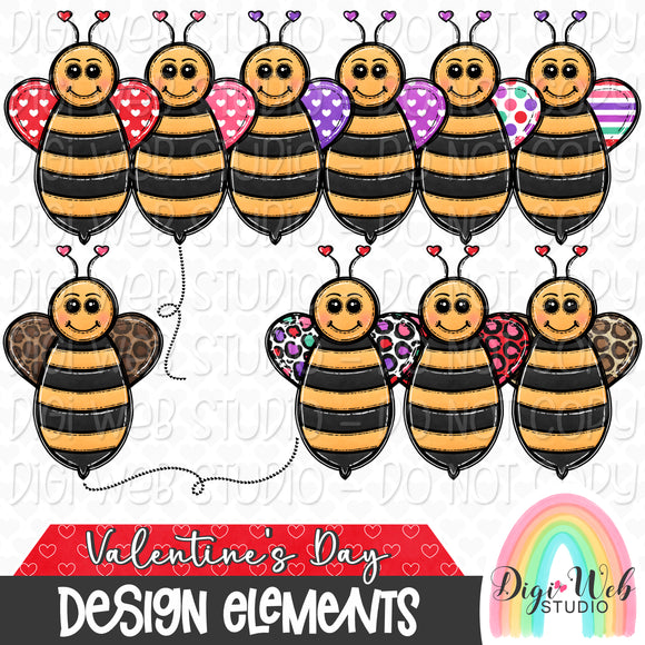 Design Elements - Valentine's Day Bees Hand Drawn Clip Art Bundle