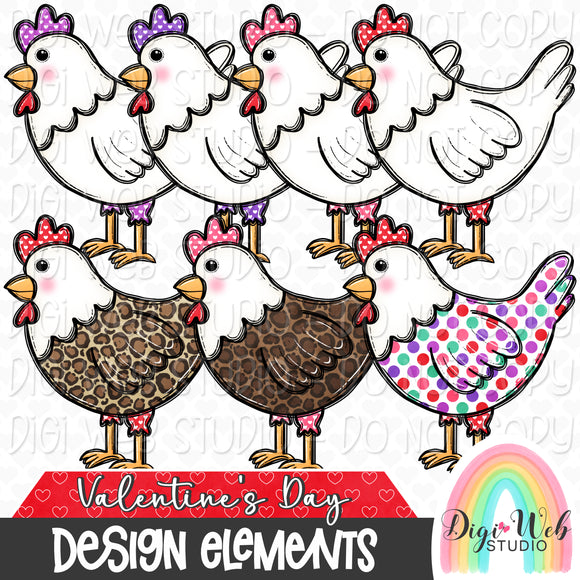 Design Elements - Valentine's Day Chickens Hand Drawn Clip Art Bundle
