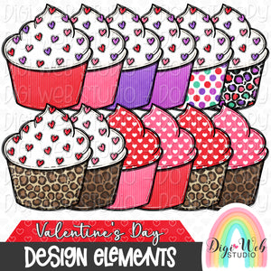 Design Elements - Valentine's Day Cupcakes Hand Drawn Clip Art Bundle