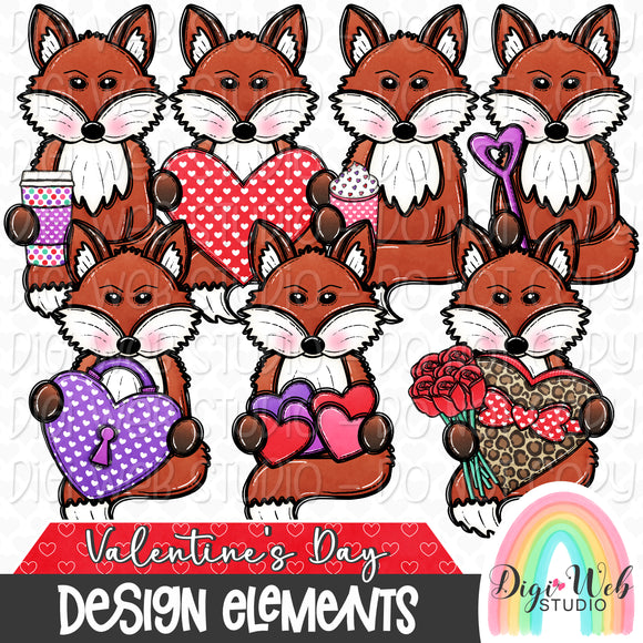 Design Elements - Valentine's Day Foxes Hand Drawn Clip Art Bundle
