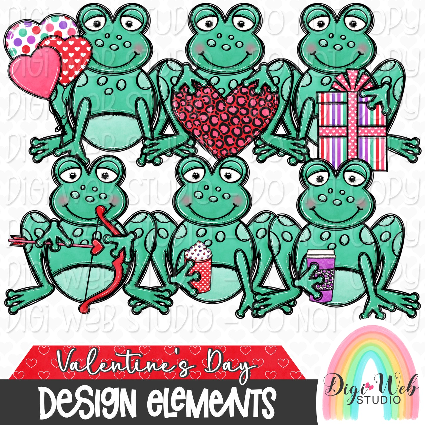 Design Elements - Valentine's Day Frogs Hand Drawn Clip Art Bundle