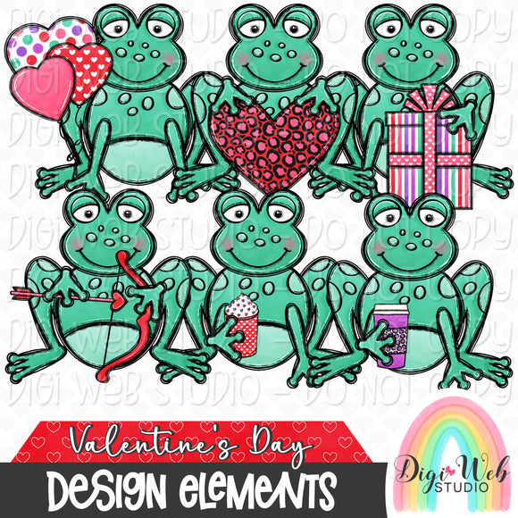 Design Elements - Valentine's Day Frogs Hand Drawn Clip Art Bundle