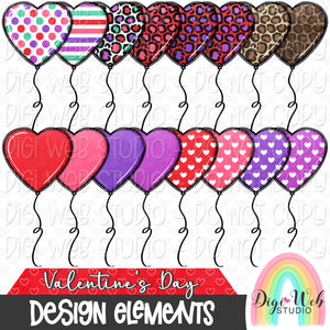 Design Elements - Valentine's Day Heart Balloons Hand Drawn Clip Art Bundle