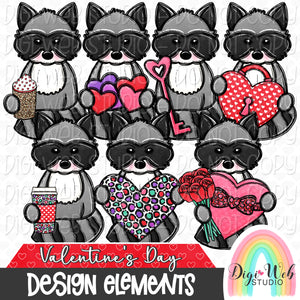 Design Elements - Valentine's Day Raccoons Hand Drawn Clip Art Bundle