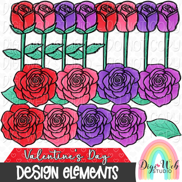 Design Elements - Valentine's Day Roses Hand Drawn Clip Art Bundle
