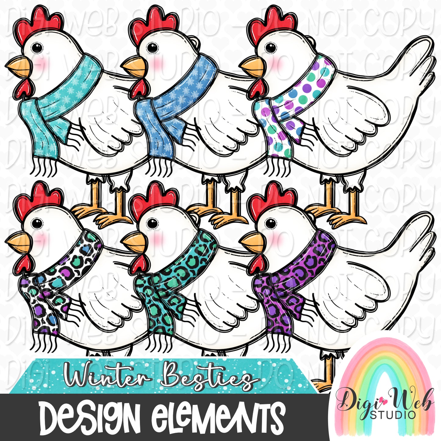 Design Elements - Winter Besties Chickens Hand Drawn Clip Art Bundle