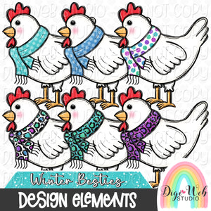 Design Elements - Winter Besties Chickens Hand Drawn Clip Art Bundle