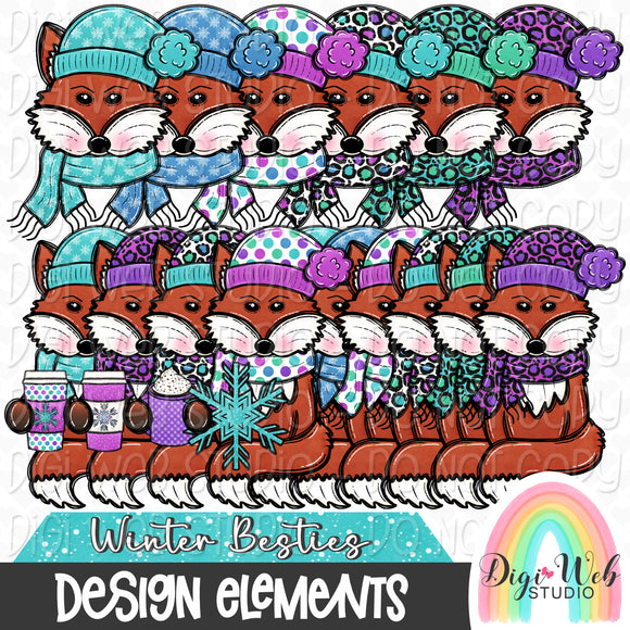Design Elements - Winter Besties Foxes Hand Drawn Clip Art Bundle