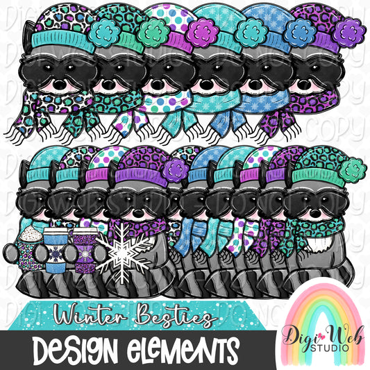 Design Elements - Winter Besties Raccoons Hand Drawn Clip Art Bundle