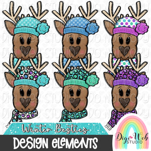 Design Elements - Winter Besties Reindeer Heads Hand Drawn Clip Art Bundle