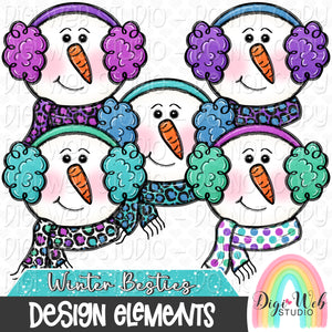 Design Elements - Winter Besties Snowman Heads Hand Drawn Clip Art Bundle