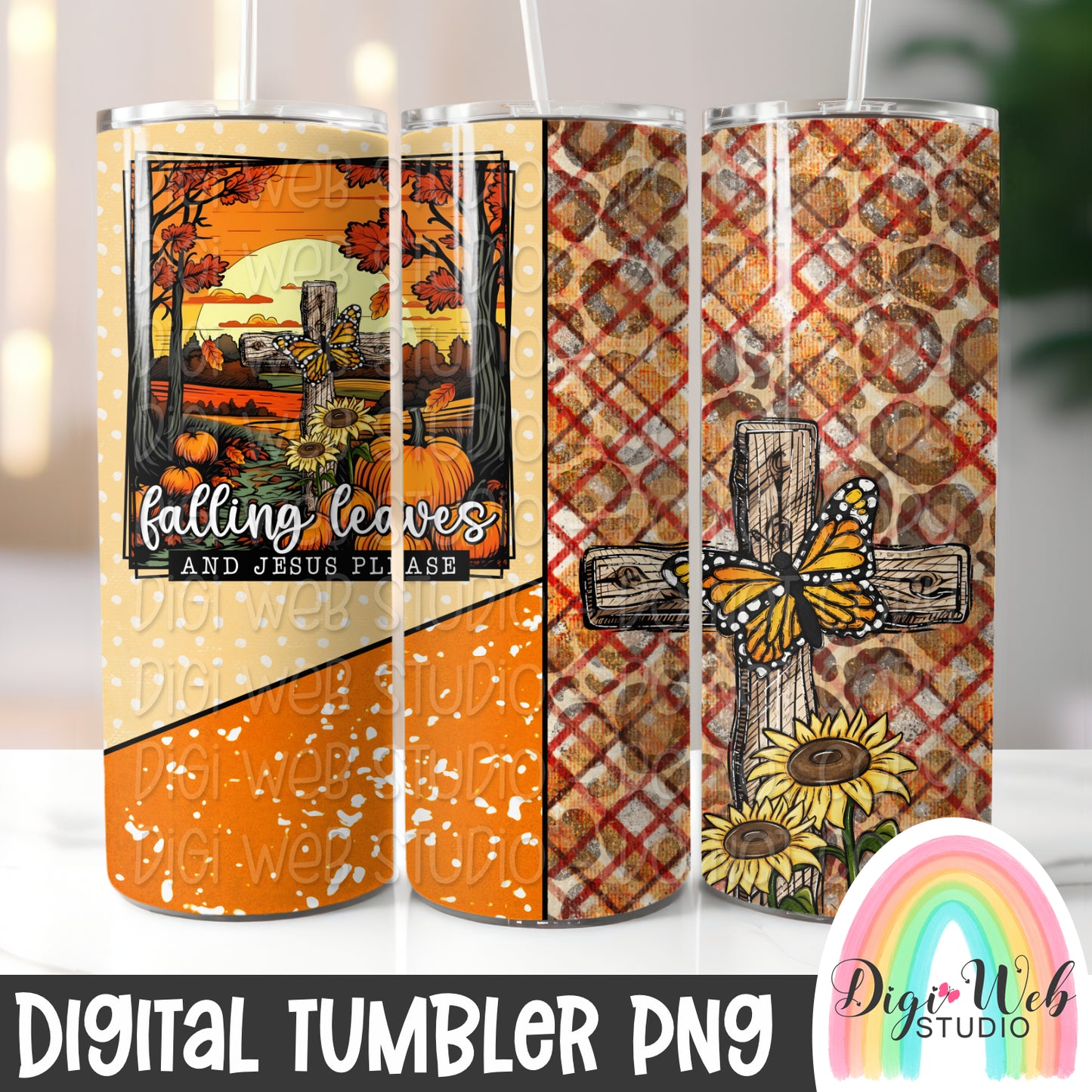 Falling Leaves And Jesus Please 1 - Digital Skinny Tumbler PNG