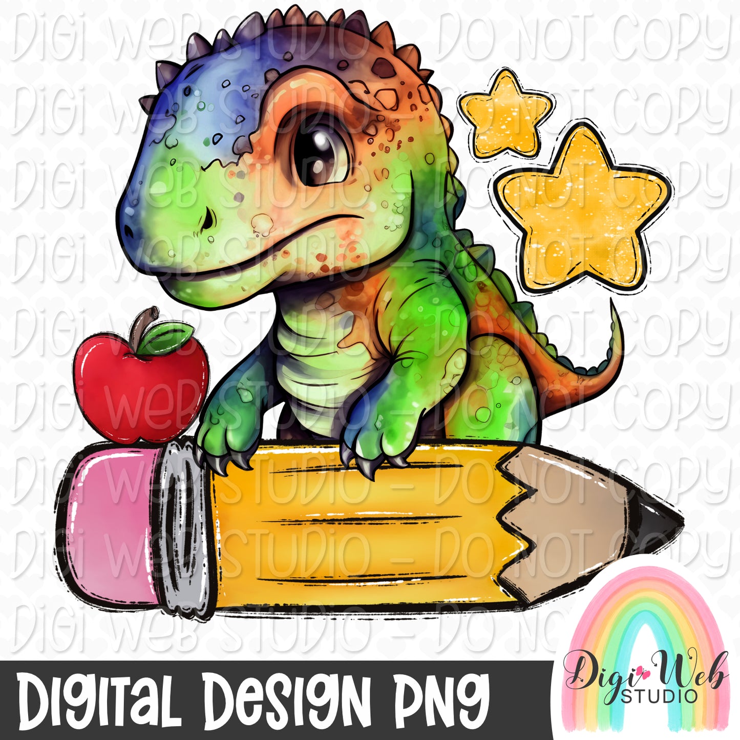 Dino With A Pencil & Apple 1 - Digital Design PNG