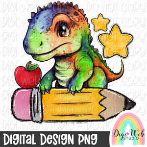 Dino With A Pencil & Apple 1 - Digital Design PNG