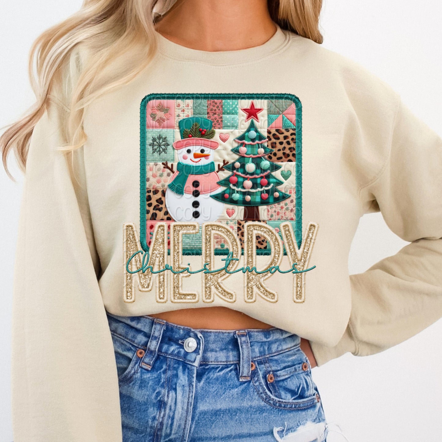 Faux Embroidery Merry Christmas Snowman and Tree 1 - 2025 Digital PNG Design