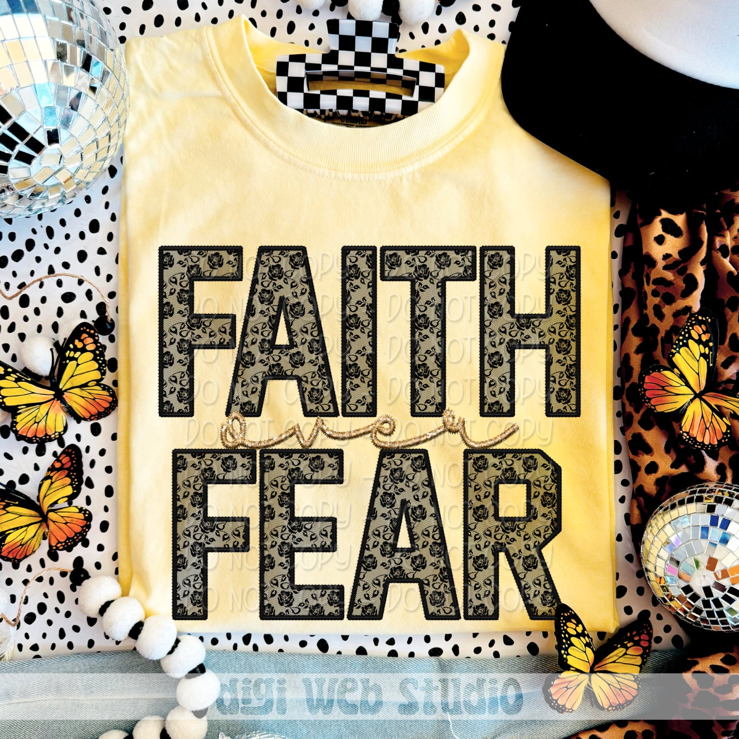 Faux Embroidery Black Lace Faith Over Fear 1 - 2025 Digital PNG Design