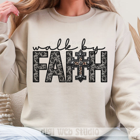 Faux Embroidery Black Lace Walk By Faith 1 - 2025 Digital PNG Design