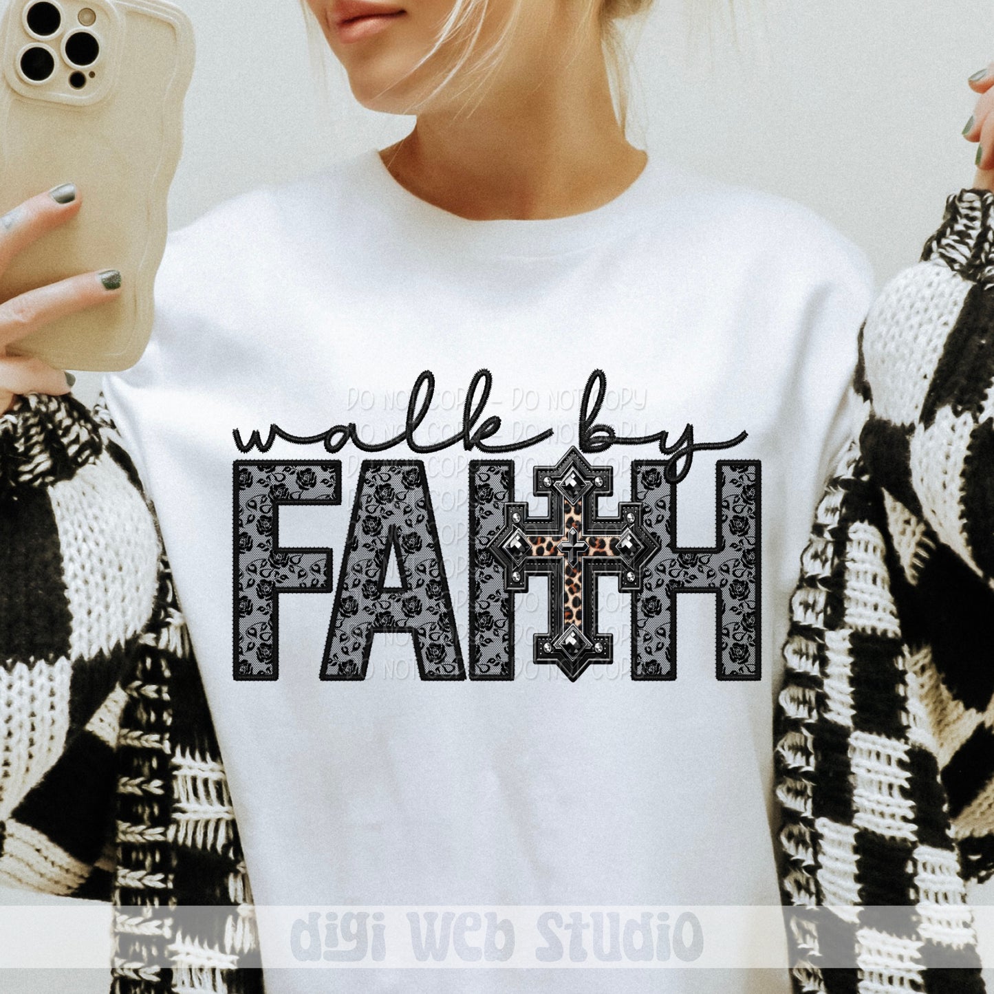 Faux Embroidery Black Lace Walk By Faith 1 - 2025 Digital PNG Design
