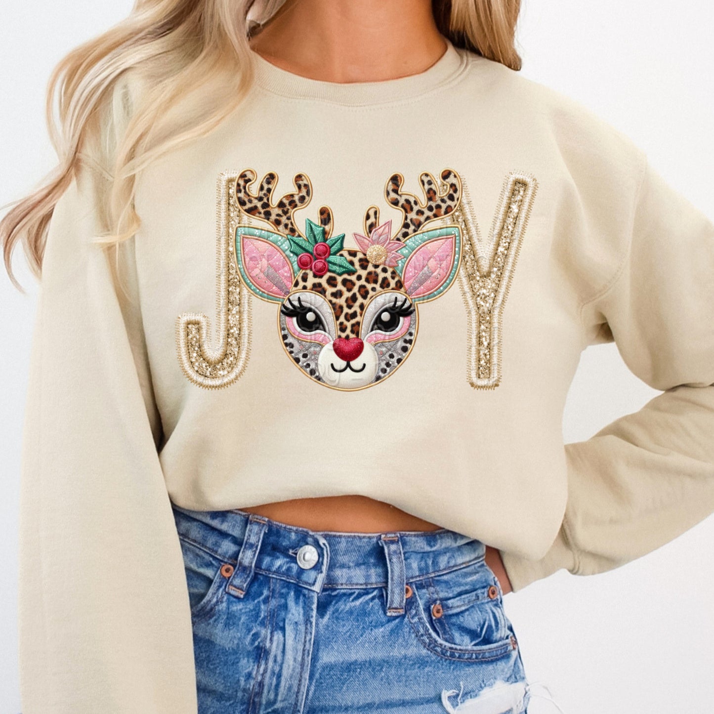 Faux Embroidery Joy Reindeer 1 - 2025 Digital PNG Design