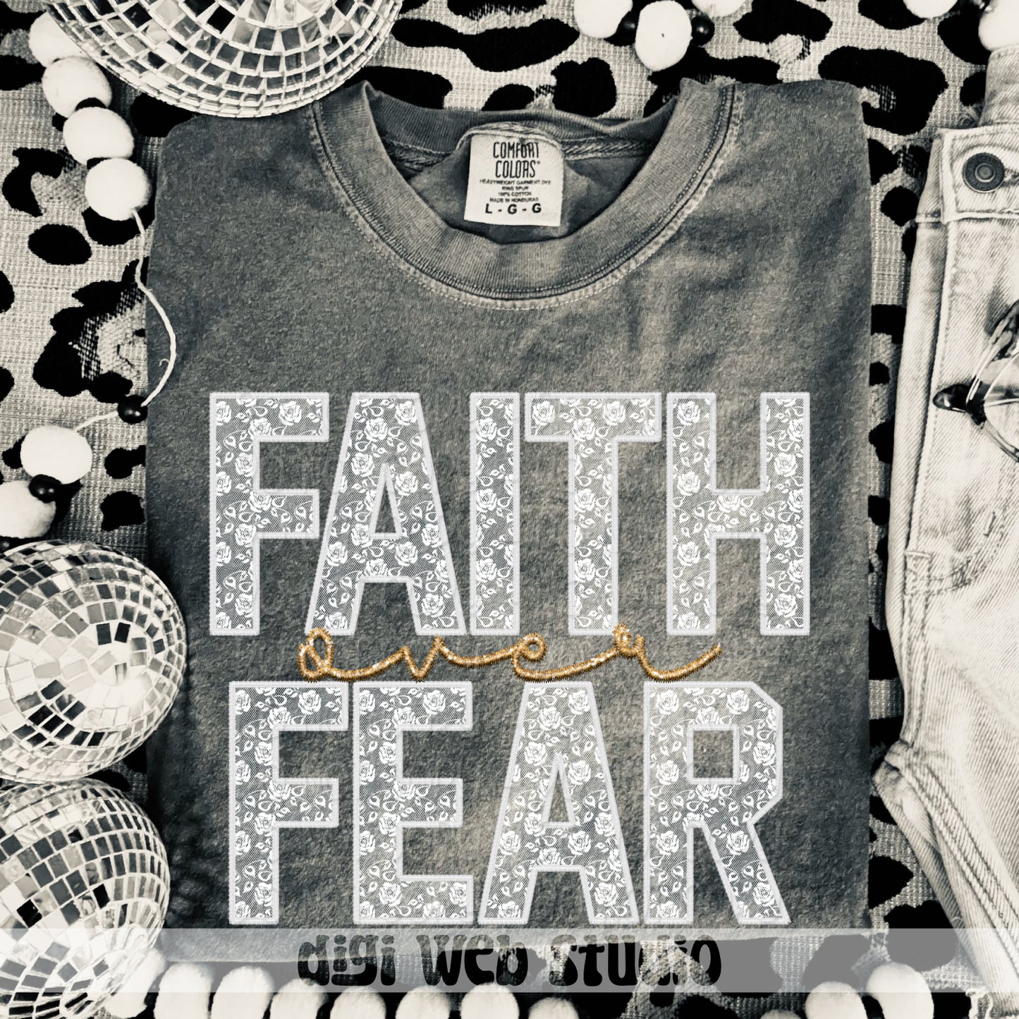 Faux Embroidery White Lace Faith Over Fear 1 - 2025 Digital PNG Design