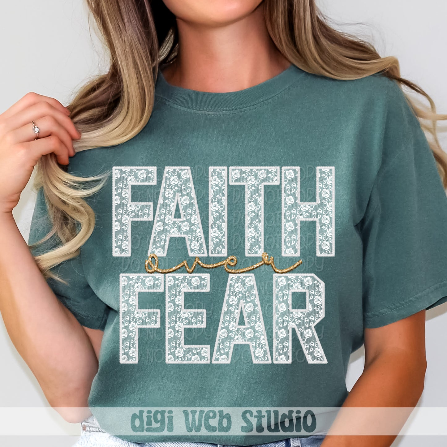 Faux Embroidery White Lace Faith Over Fear 1 - 2025 Digital PNG Design
