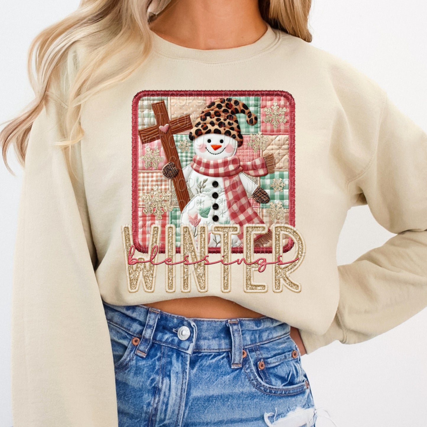 Faux Embroidery Winter Blessings Snowman w/ Cross 1 - 2025 Digital PNG Design