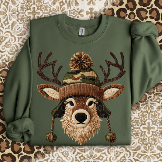 Faux Yarn Deer In Camo Hat 1 - 2025 Digital PNG Design