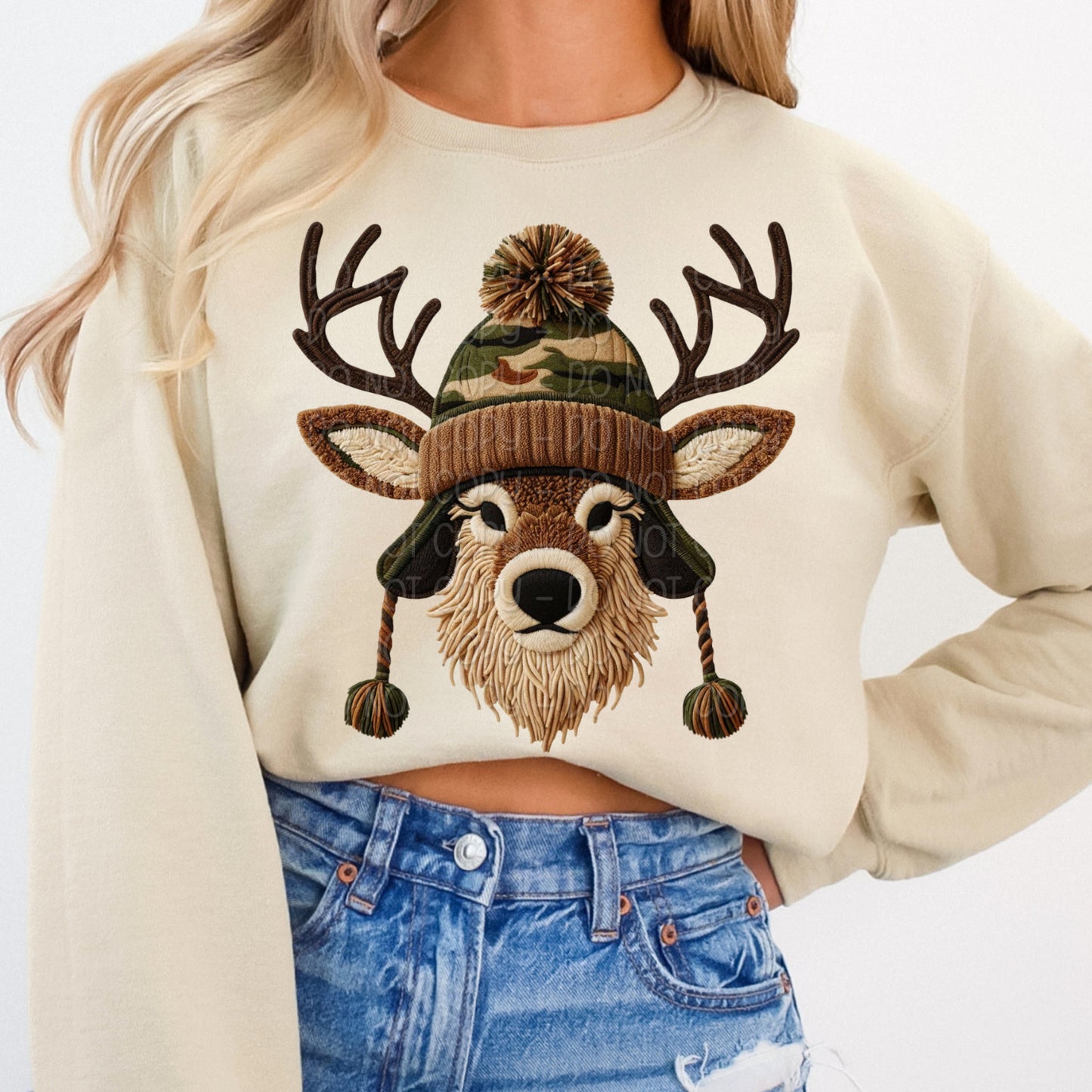 Faux Yarn Deer In Camo Hat 1 - 2025 Digital PNG Design
