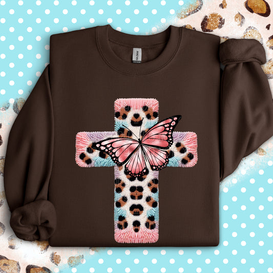 Faux Yarn Leopard Print Cross w/ Butterfly 1 - 2025 Digital PNG Design