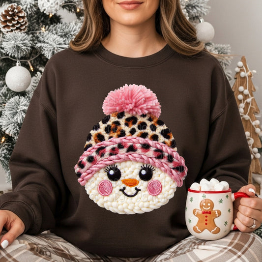 Faux Yarn Snowman Head in Pink & Leopard Hat 1 - 2025 Digital PNG Design