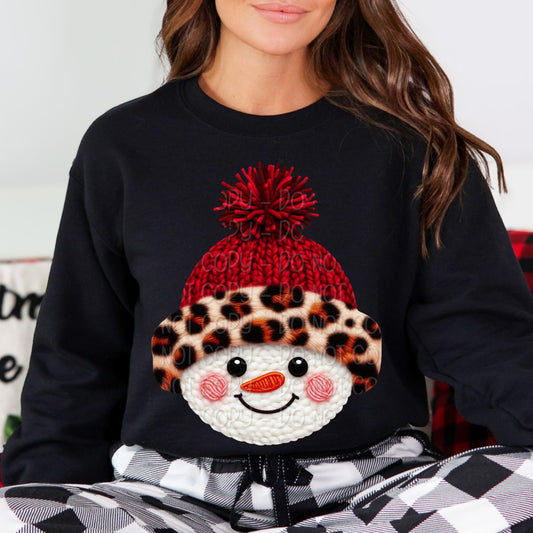 Faux Yarn Snowman Head In Red & Leopard Print Hat 1 - 2025 Digital PNG Design