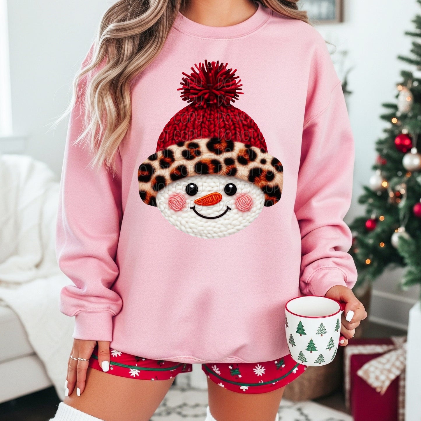 Faux Yarn Snowman Head In Red & Leopard Print Hat 1 - 2025 Digital PNG Design