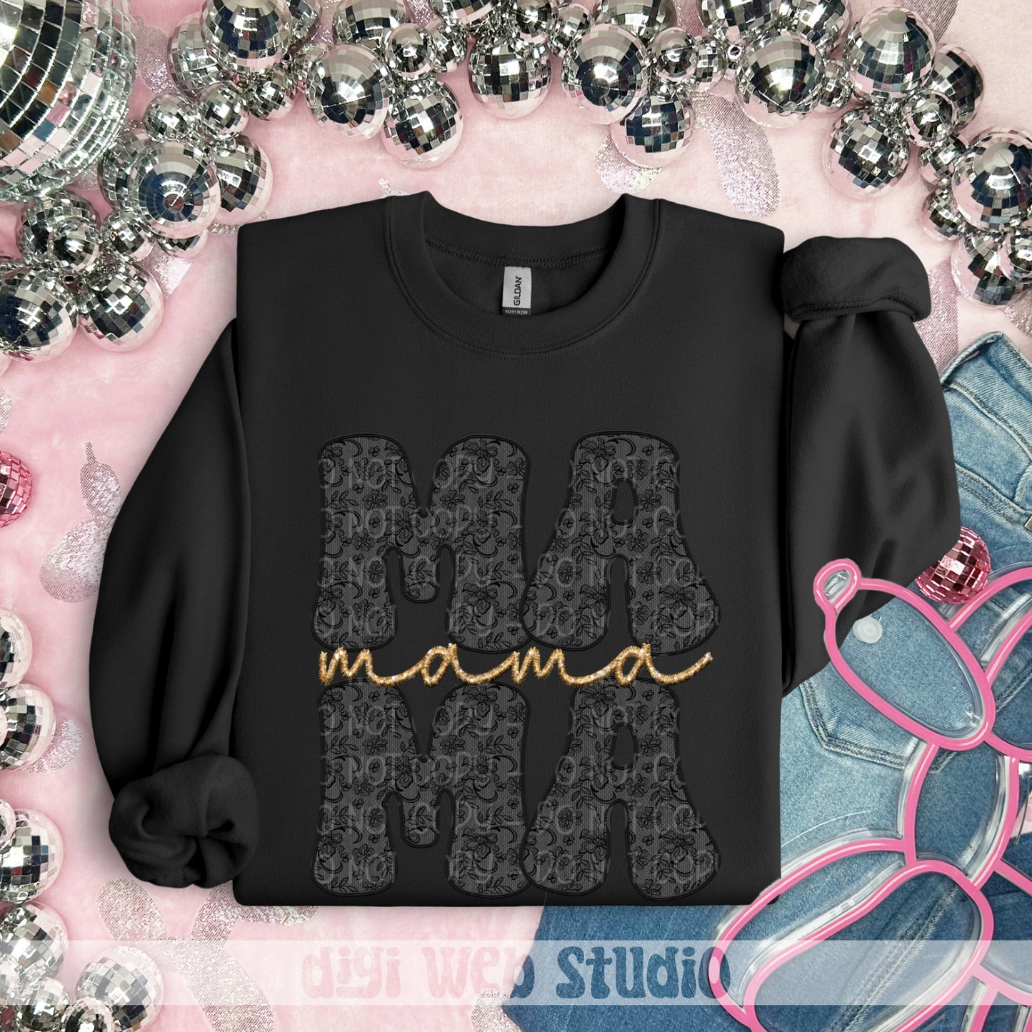 Faux Embroidery Lace Mama (Black) - 2025 Digital PNG Design