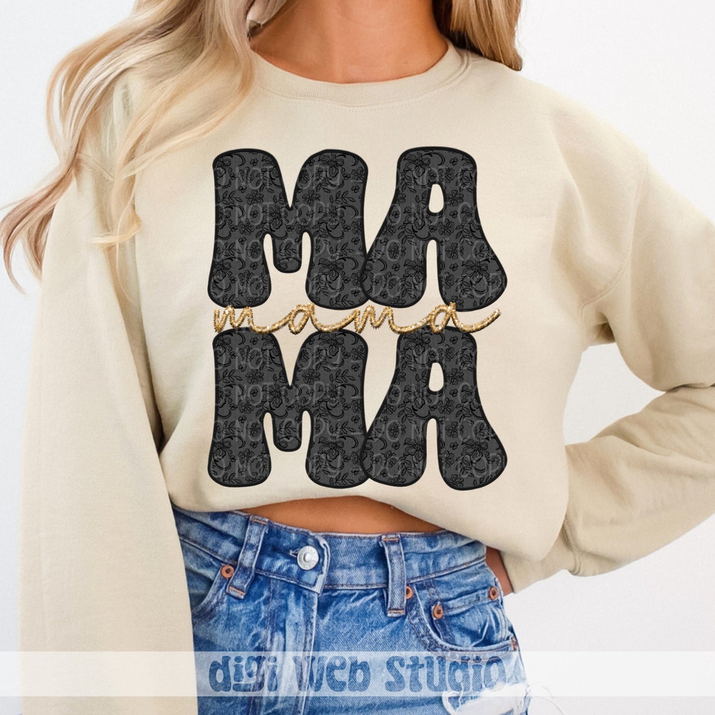 Faux Embroidery Lace Mama (Black) - 2025 Digital PNG Design