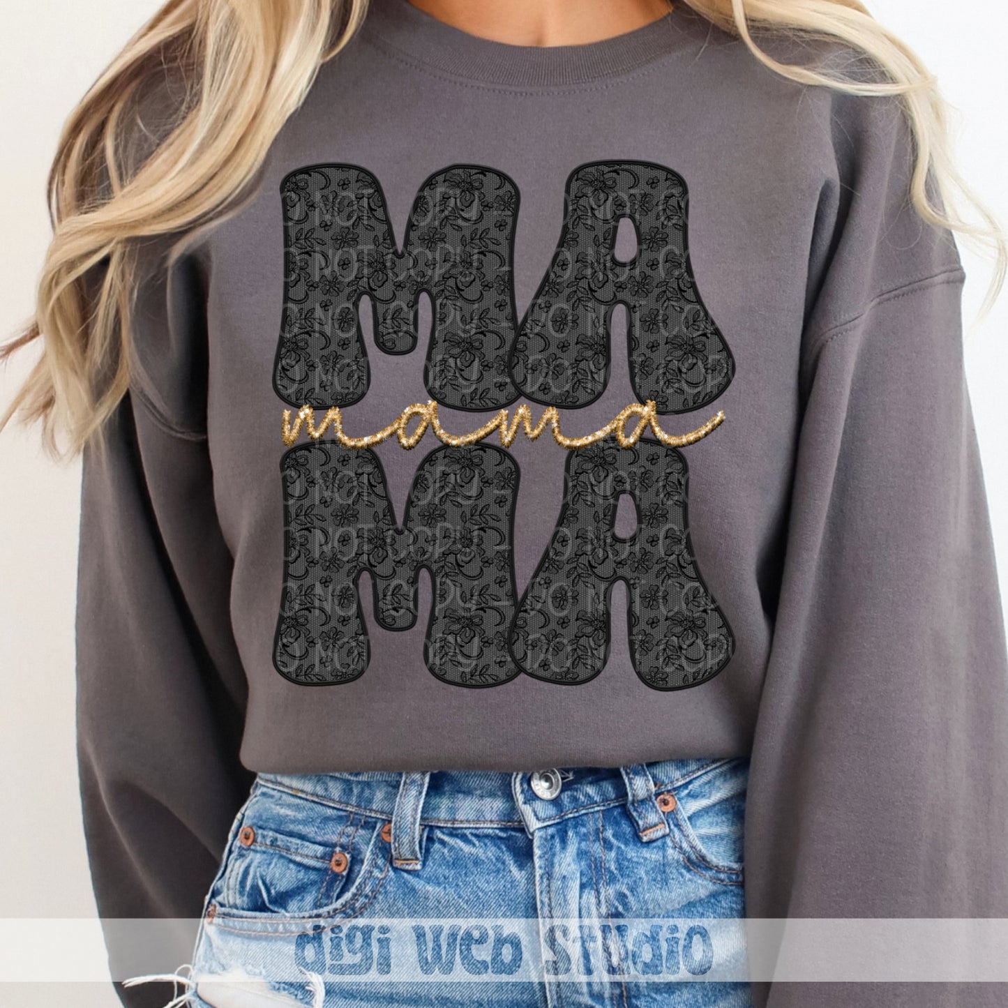 Faux Embroidery Lace Mama (Black) - 2025 Digital PNG Design