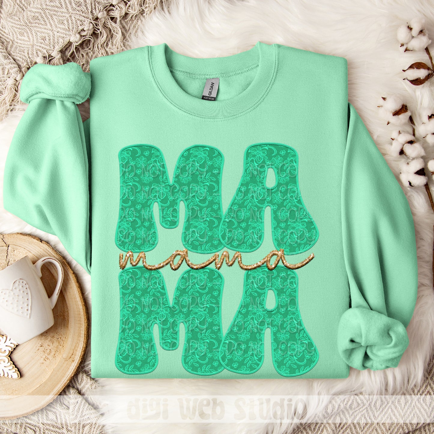 Faux Embroidery Lace Mama (Mint) 1 - 2025 Digital PNG Design
