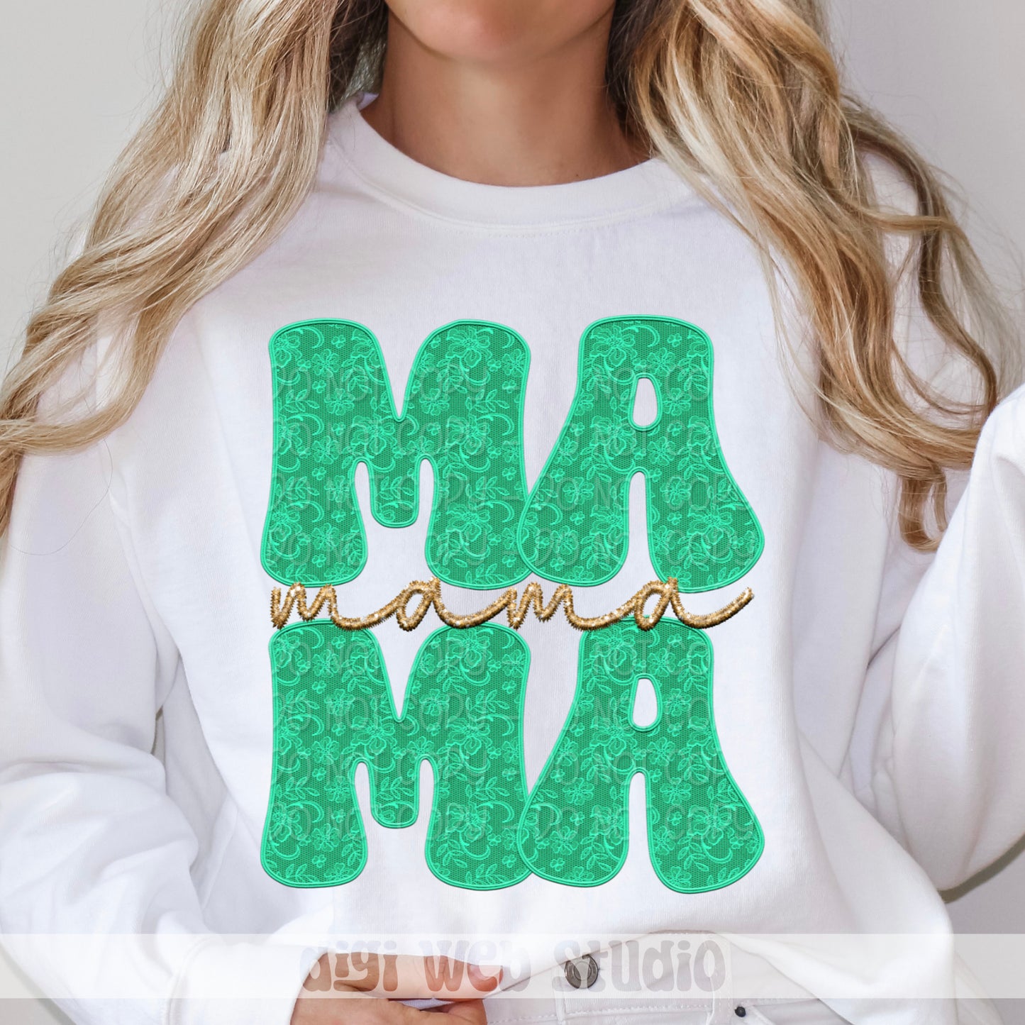 Faux Embroidery Lace Mama (Mint) 1 - 2025 Digital PNG Design