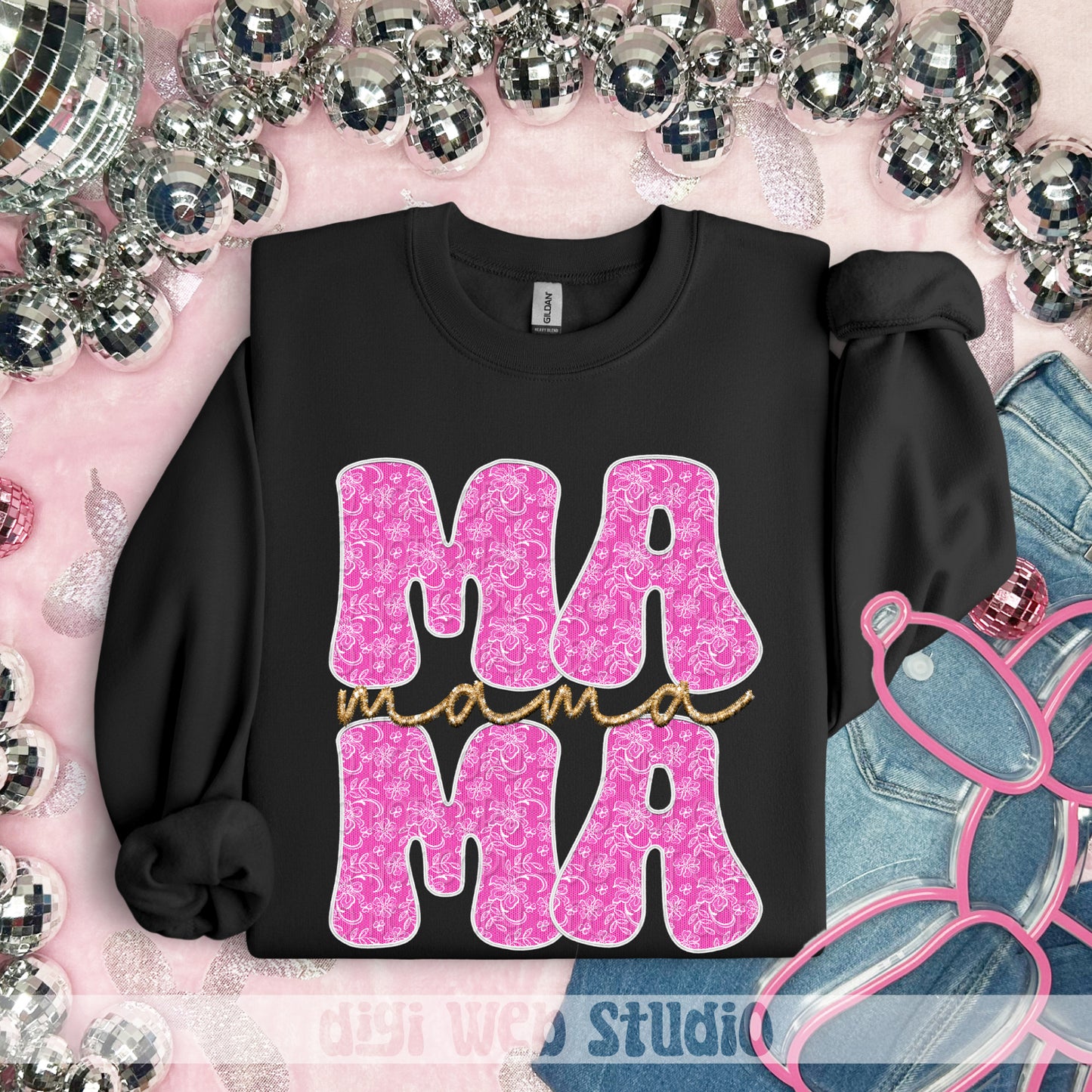 Faux Embroidery Lace Mama (Pink and White) 1 - 2025 Digital PNG Design